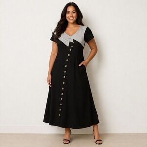 MISSLOOK Black Gray Asymmetrical Button Maxi Dress Size Medium Colorblock Modern